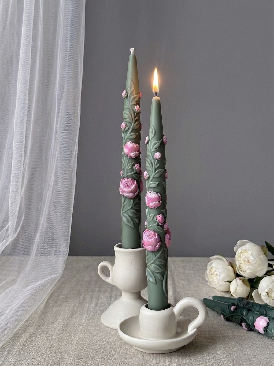 Burning floral taper candle styled for romantic spring dinner decor