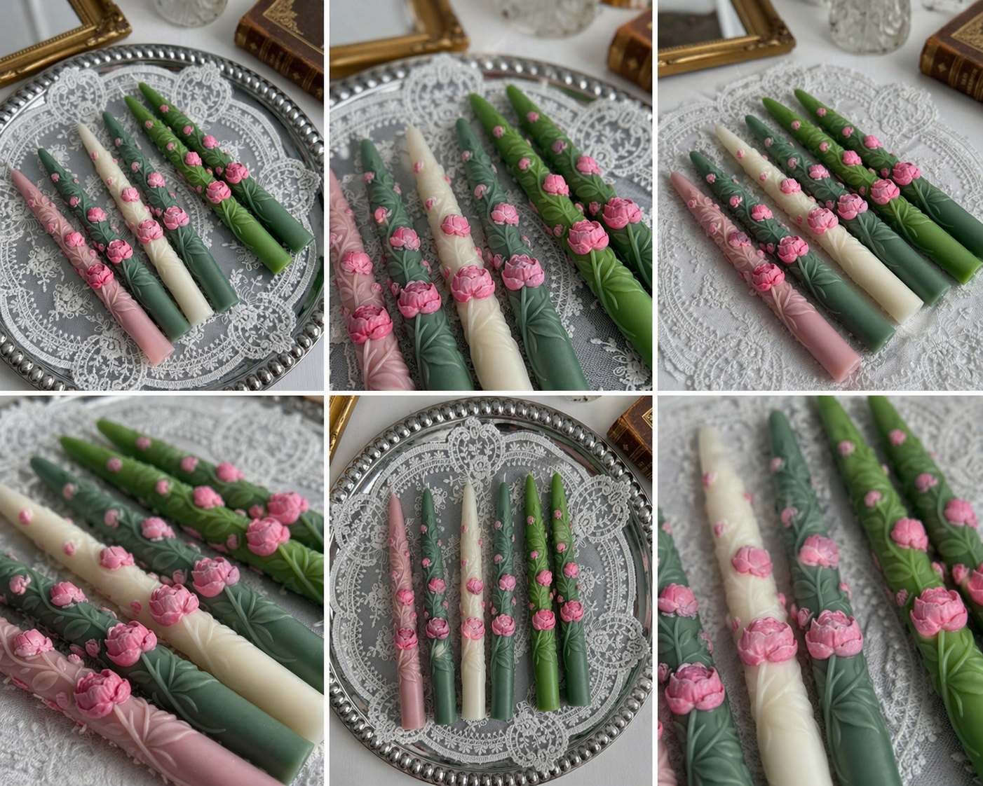 Close-up details of handmade peony taper candles in soft spring colors