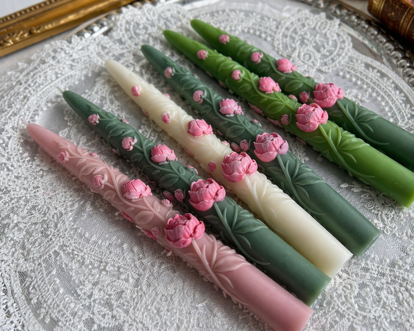 Handmade peony taper candles styled for spring and Easter table decor