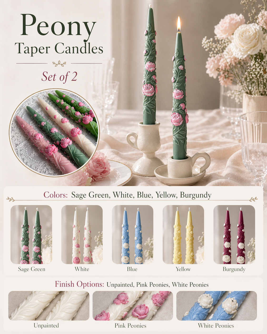 Peony taper candle set in sage green, white, blue, yellow, and burgundy