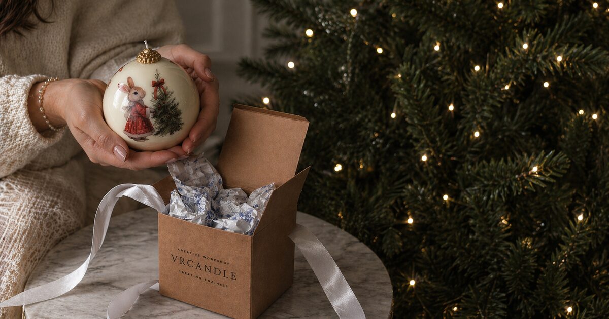 Decorative handmade candles styled on a wooden shelf with soft warm lighting